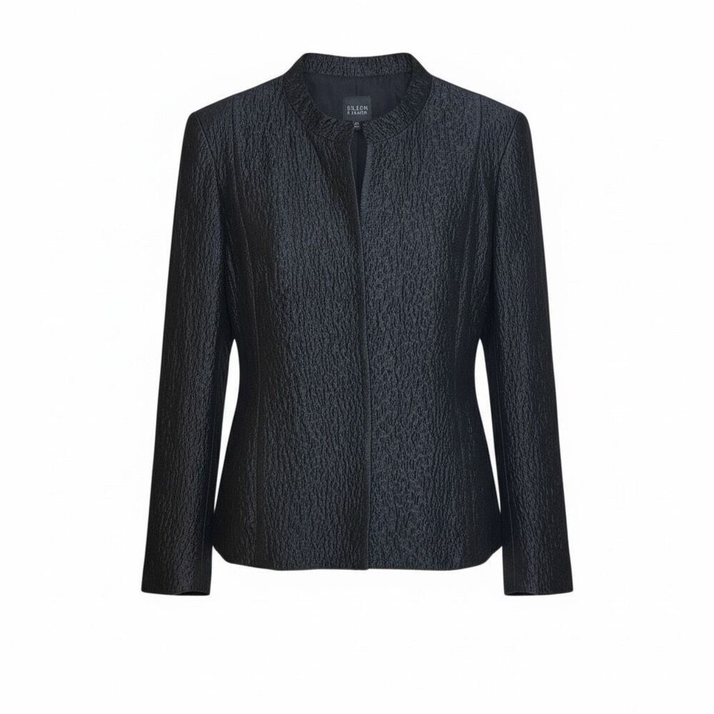Eileen Fisher Textured Crinkle Silk Blend Mandarin Collar Jacket Black Medium‎